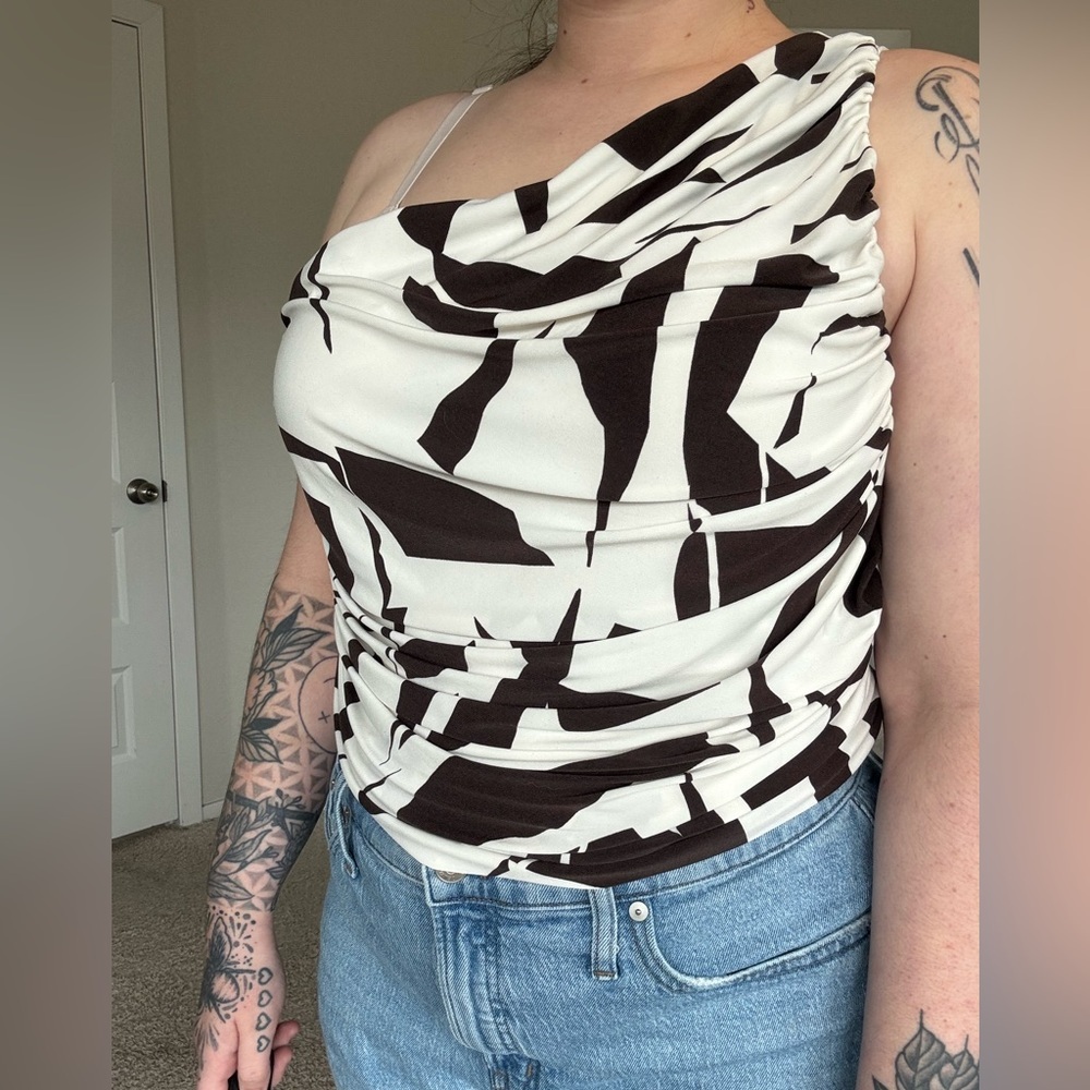 Brown and White One Shoulder Women's Top - Express - Size XL - Great Condition